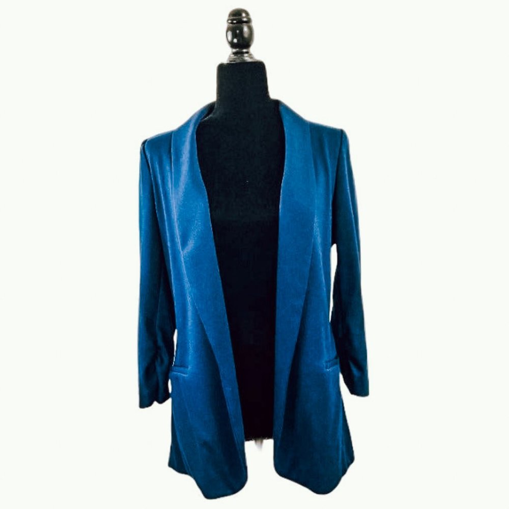 ❤️SOLD AQUA Dark Navy 3/4 Sleeve Open Front Sweatshirt Stretchy Fabric Blazer M